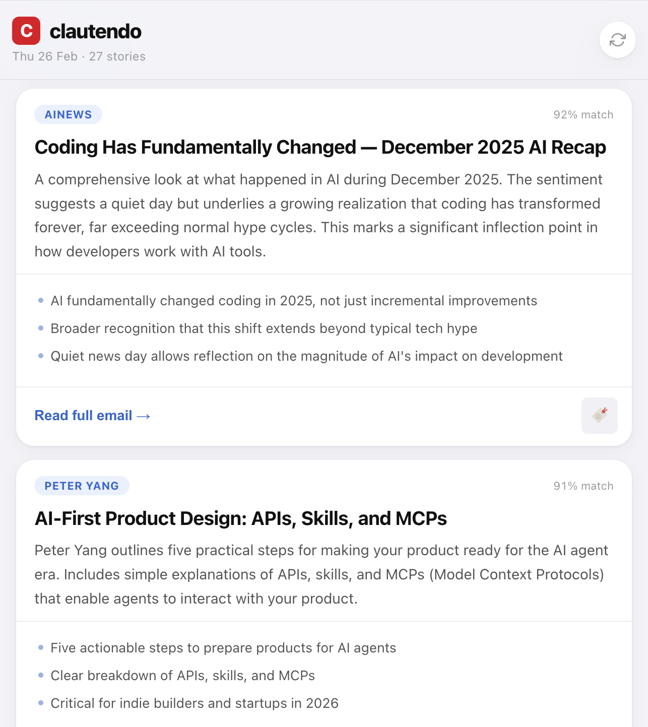 The briefed web reader — ranked story cards with AI-generated summaries and match scores