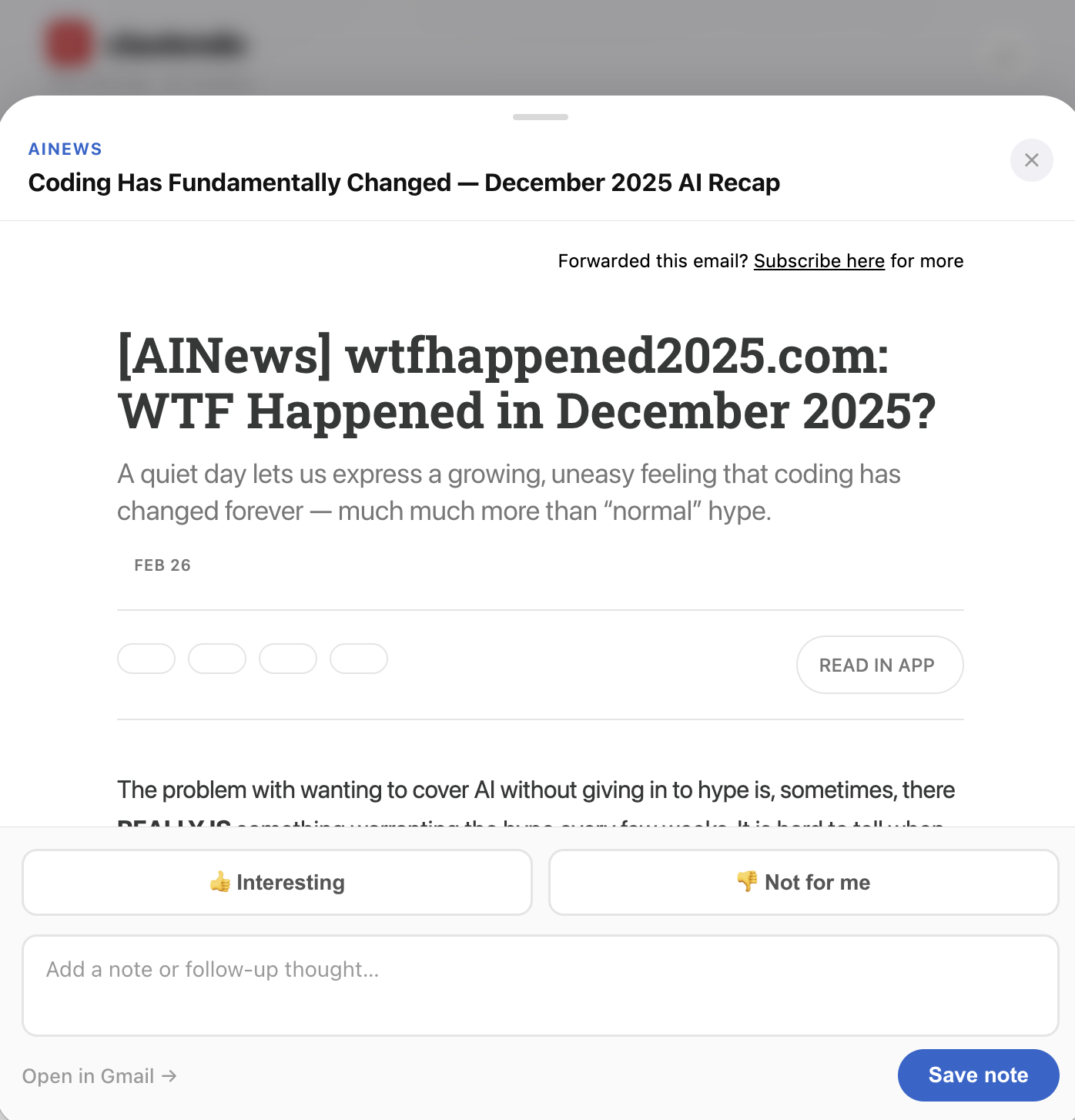 Story detail in the briefed reader — inline email, voting and notes