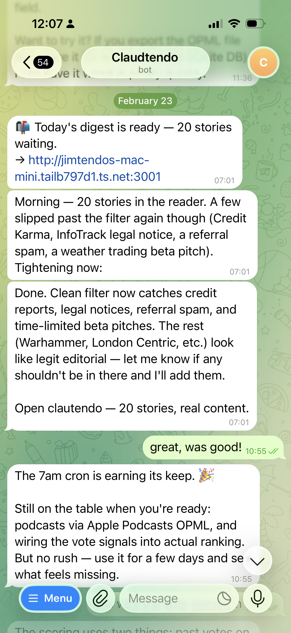 OpenClaw bot in Telegram spotting filter issues and proposing fixes unprompted