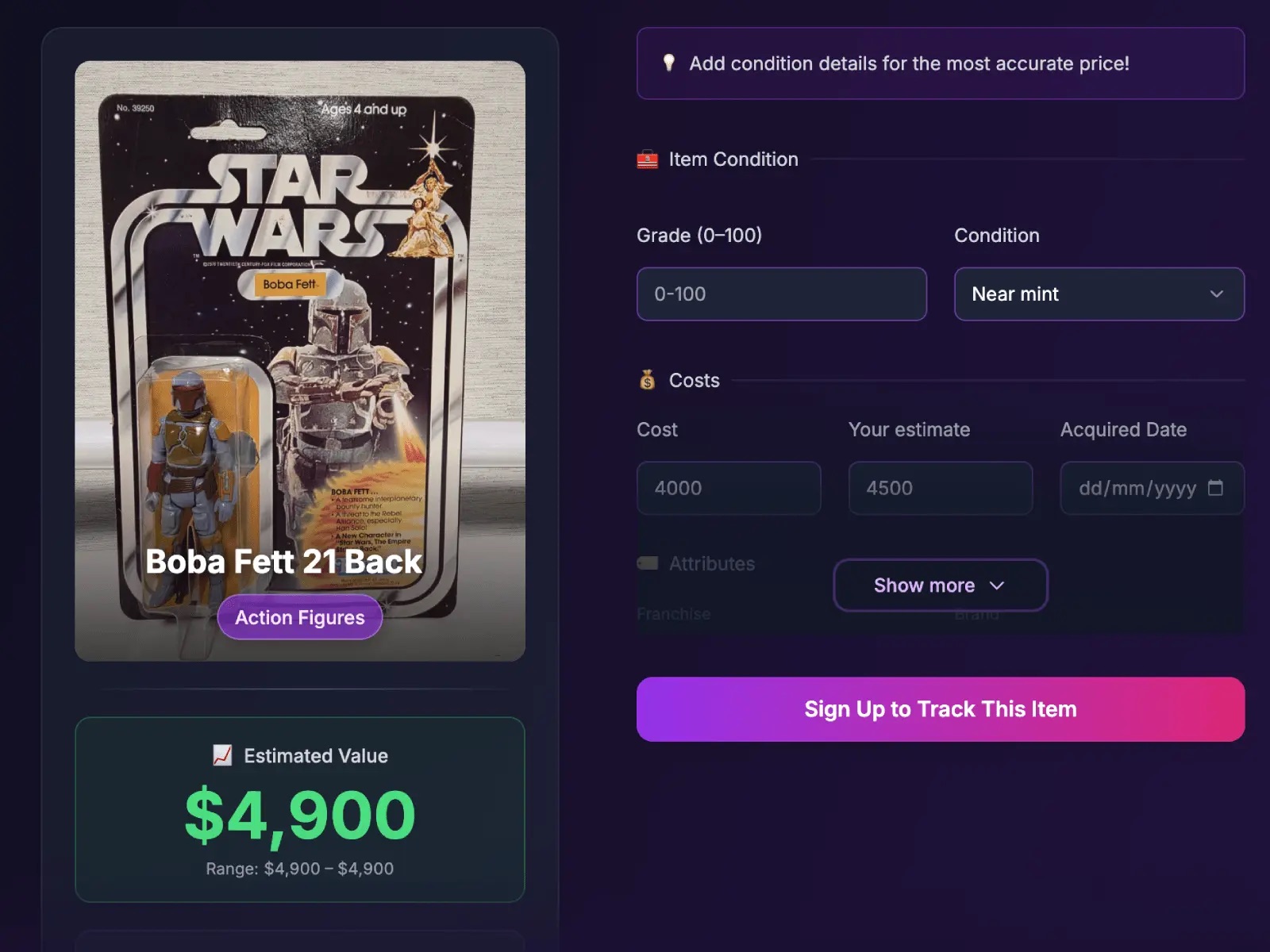 Collectopedia features: valuations, analytics, and portfolio tracking