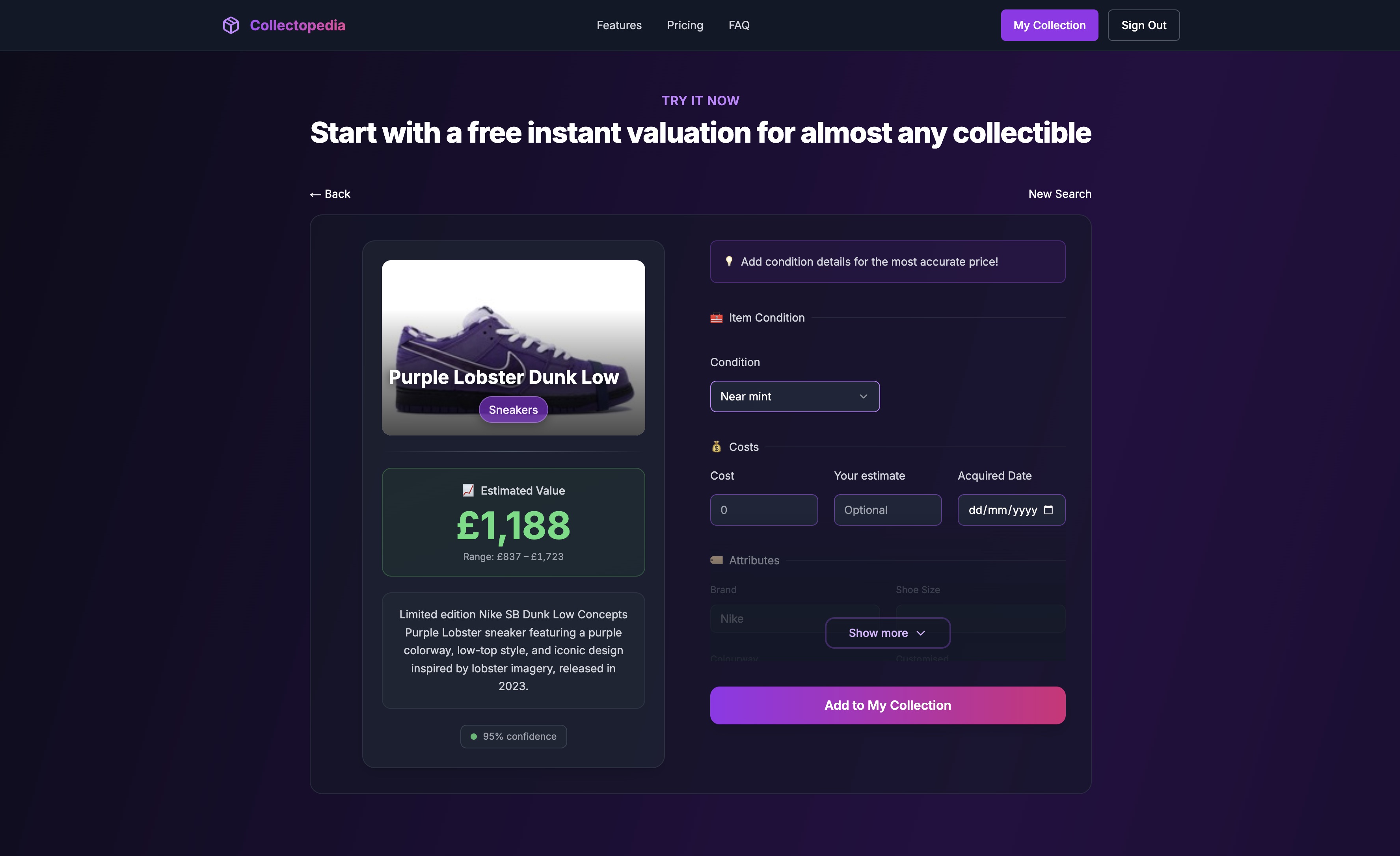 Collectopedia price estimator